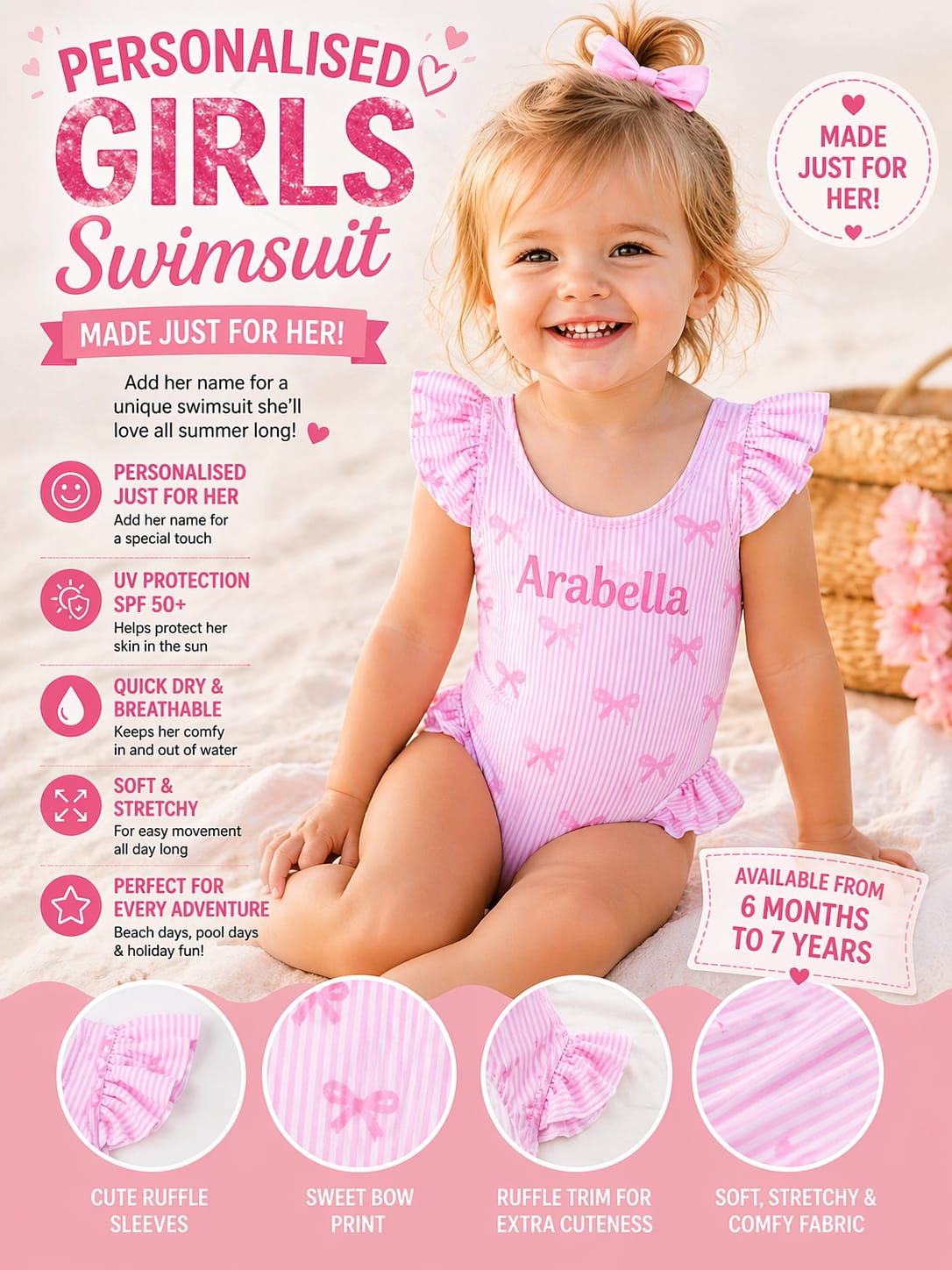 Girls Pink Bow Stripe Ruffle Swimsuit