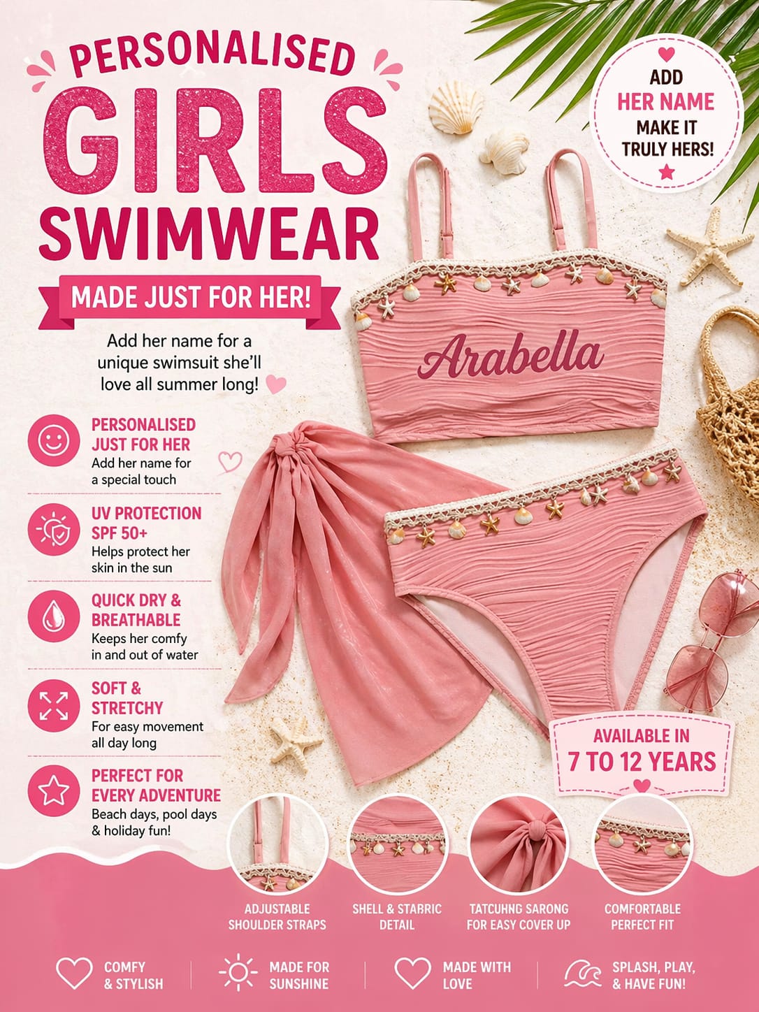 Personalised Dusty Pink Shell Trim Bikini Set with Sarong