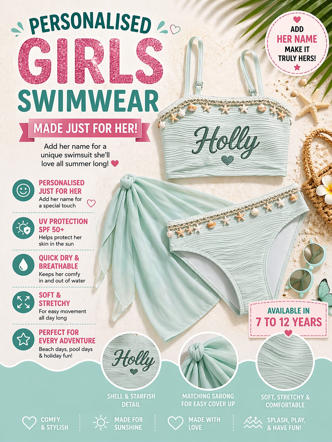 Personalised Mint Green Shell Bikini Set with Sarong