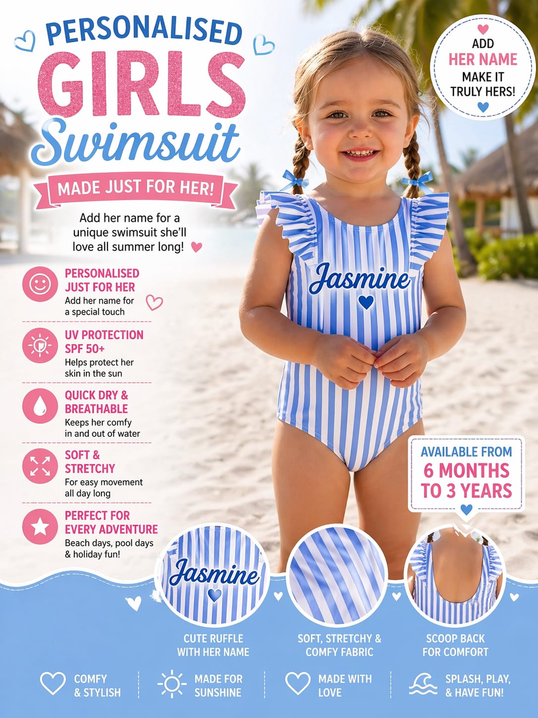 Personalised Baby Girl Blue &amp; White Stripe Swimsuit (6 Months–3 Years)