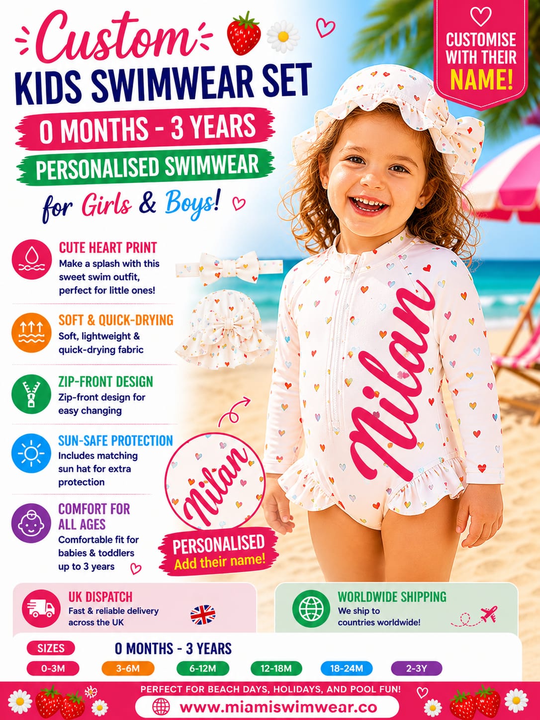 Personalised Heart Print Baby Swim Set